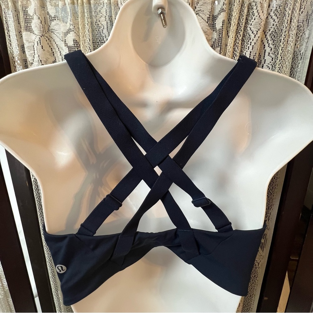 LULULEMON Dark Navy Zip Front Sports Bra Strappy Back Medium Support No Size Tag - Picture 5 of 16